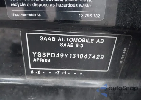 2003 Saab 9-3 Arc из США, поврежденный, VIN YS3FD49Y131047429